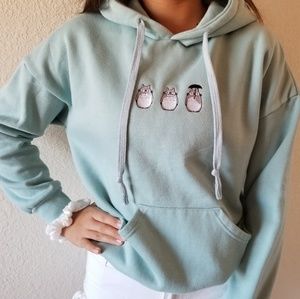 Turquoise Totoro Embroidered Fleece Hoodie
